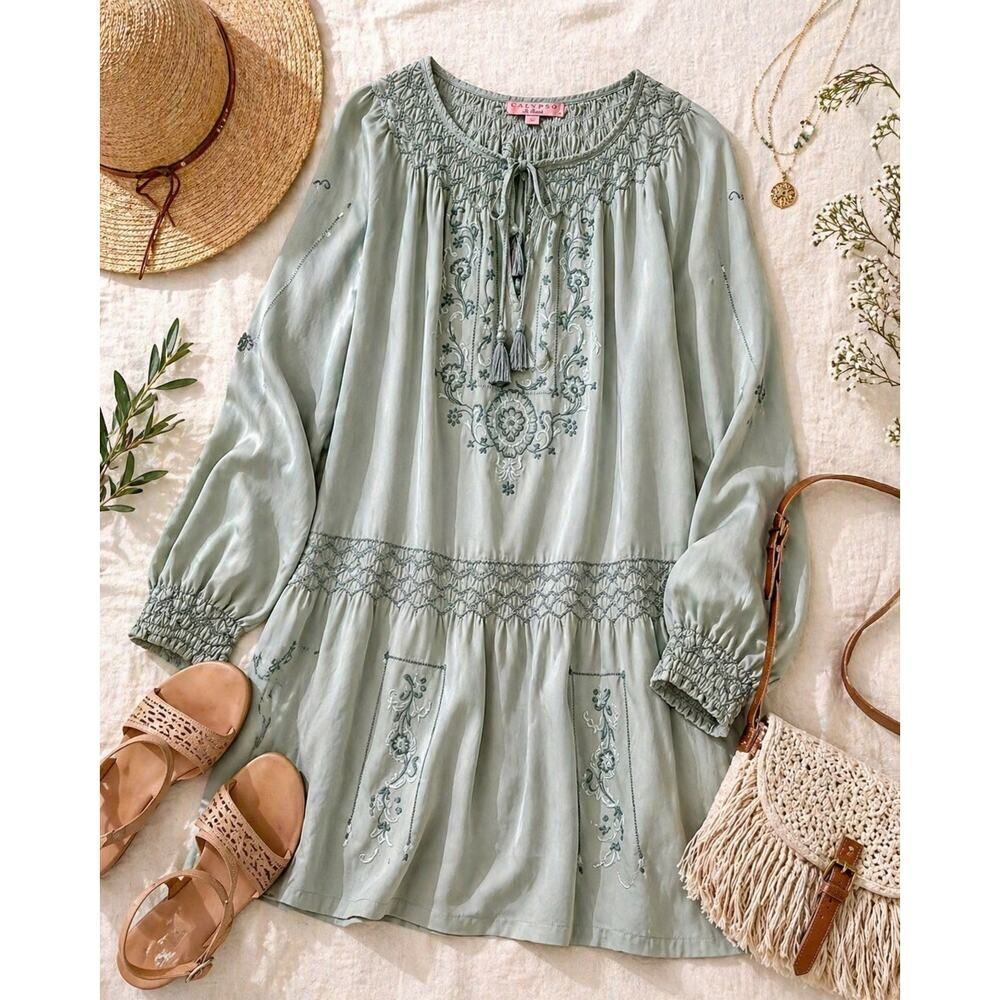 Calypso St Barth Silk Embroidered Dress Small Boho Sage Green Tunic Cottagecore